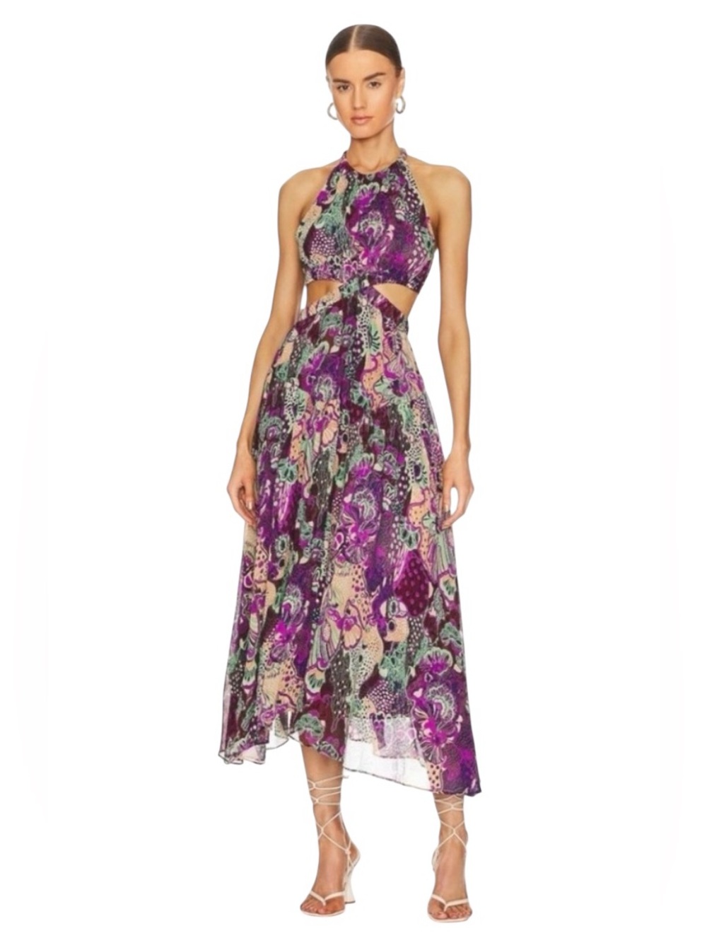NWT: A.L.C. Waverly High Neck Silk Halter Dress in Purple Orchid Multi, Size 00